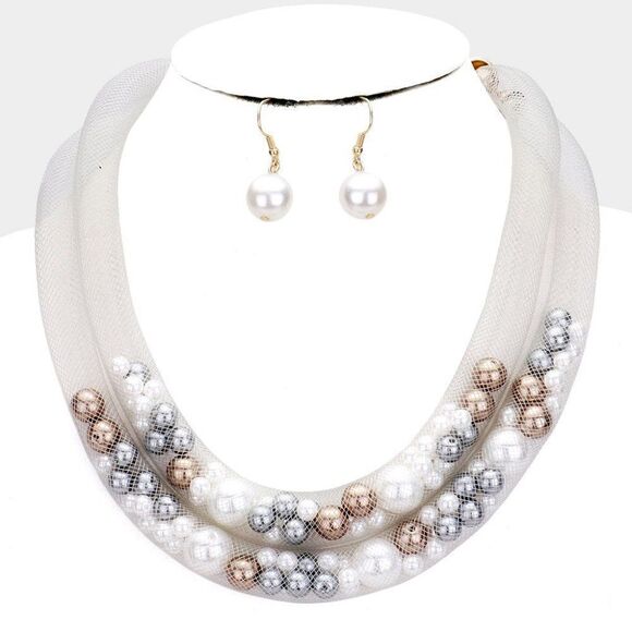 Double Mesh Tube Brown, White, & Gray Pearl Collar Necklace Set - Picture 1 of 8